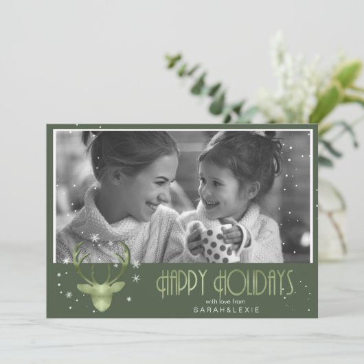 Deer Antlers Arrows Kerstfoto V2 Green ID861 Kaart (Staand voorkant)