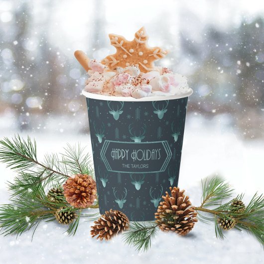 Deer Antlers Arrows kerstpatroon Blauwgroen ID861 Papieren Bekers