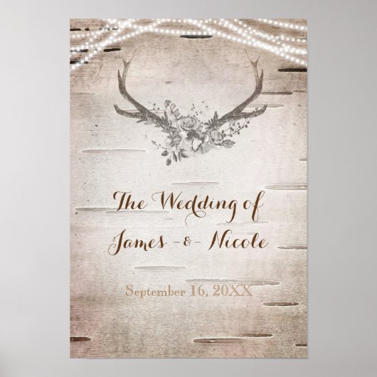 Deer Antlers & Birch Vintage Wedding Banner Poster (Voorkant)