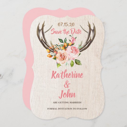 Deer Antlers Blush Rustic Floral save the date Kaart (Voorkant / Achterkant)