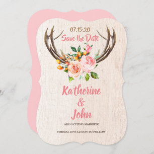 Deer Antlers Blush Rustic Floral save the date Kaart