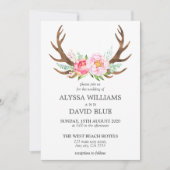 Deer Antlers Boho Floral Waterverf Pink Wedding Kaart (Voorkant)