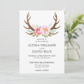 Deer Antlers Boho Floral Waterverf Pink Wedding Kaart (Staand voorkant)