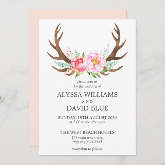 Deer Antlers Boho Floral Waterverf Pink Wedding Kaart (Voorkant / Achterkant)