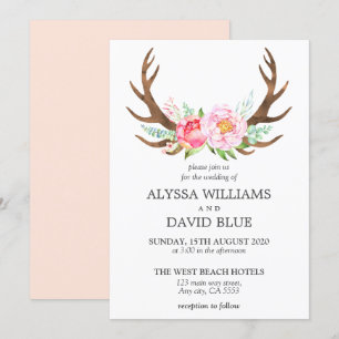 Deer Antlers Boho Floral Waterverf Pink Wedding Kaart