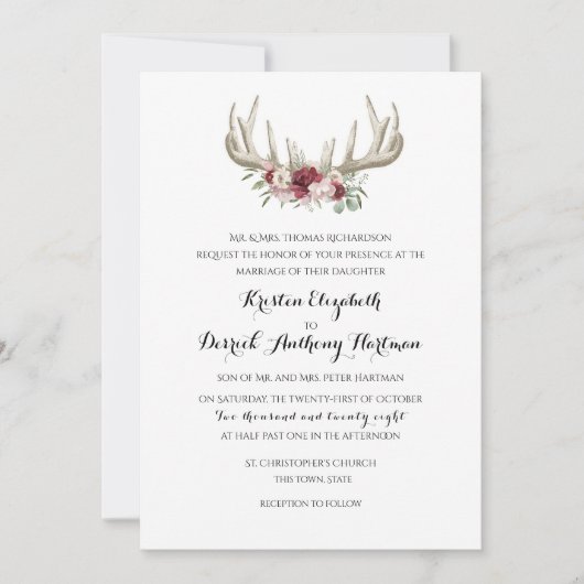 Deer Antlers Burgundy Floral Wedding Kaart (Voorkant)