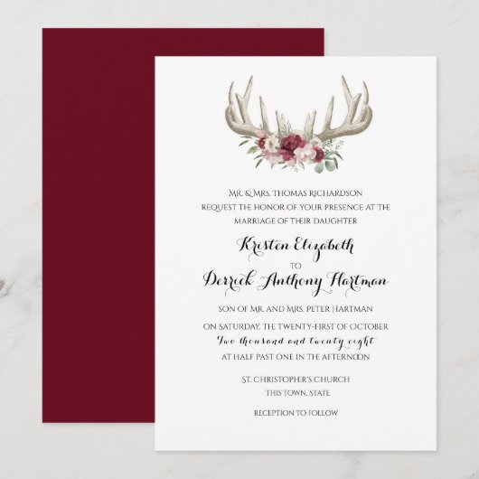 Deer Antlers Burgundy Floral Wedding Kaart (Voorkant / Achterkant)