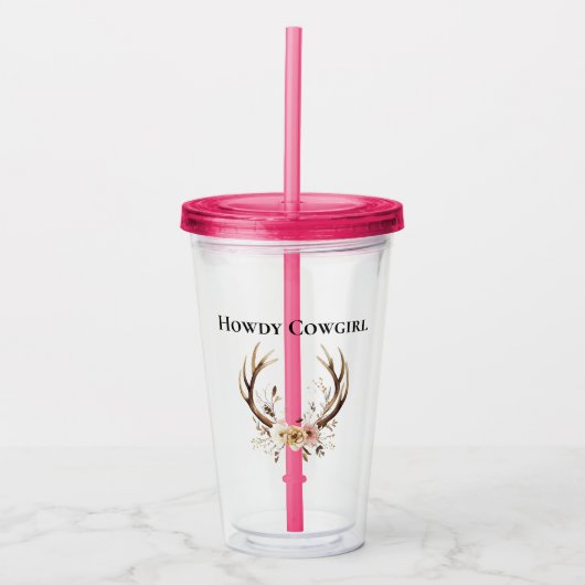 Deer Antlers Cowgirl Roze Bloemen Acryl Drinkbeker (Voorkant)