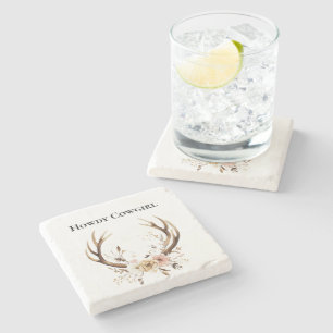 Deer Antlers Cowgirl Roze Bloemen Stenen Onderzetter