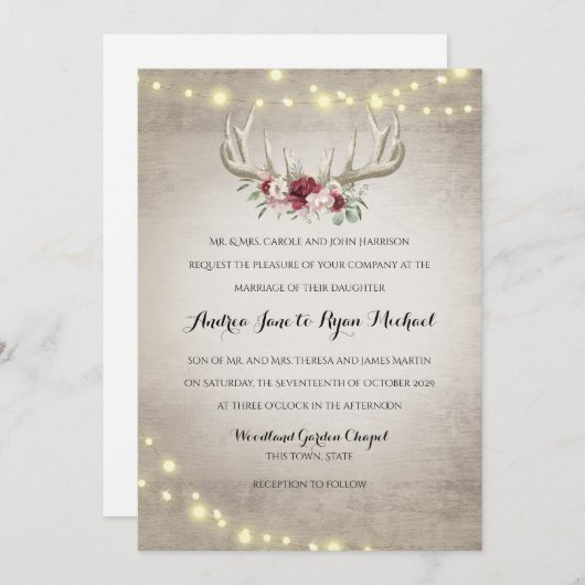 Deer Antlers en String Lights Rustic Wedding Kaart (Voorkant / Achterkant)