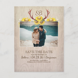 Deer Antlers en Sunflower Foto Save the Date Aankondigingskaart