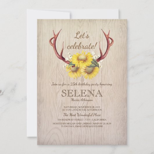 Deer Antlers en Sunflower Rustic Birthday Party Kaart (Voorkant)