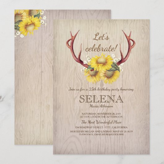 Deer Antlers en Sunflower Rustic Birthday Party Kaart (Voorkant / Achterkant)