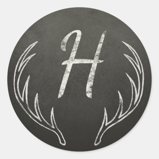 Deer Antlers Monogram Black en White Chalkboard Ronde Sticker (Voorkant)