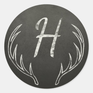 Deer Antlers Monogram Black en White Chalkboard Ronde Sticker