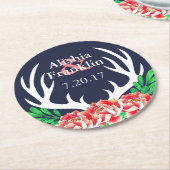 Deer Antlers & Peonies Bride & Groom Weddatum Ronde Kartonnen Onderzetter (Gebogen)