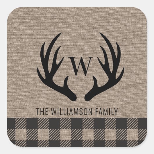 Deer Antlers Rustic Burlap Familienaam Vierkante Sticker (Voorkant)