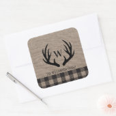 Deer Antlers Rustic Burlap Familienaam Vierkante Sticker (Envelop)