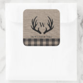 Deer Antlers Rustic Burlap Familienaam Vierkante Sticker (Tas)