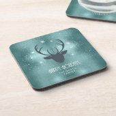 Deer Antlers Silhouette & Snowflakes Blauwgroen ID Bier Onderzetter (Linkerzijde)