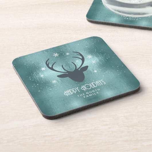 Deer Antlers Silhouette & Snowflakes Blauwgroen ID Bier Onderzetter (Linkerzijde)