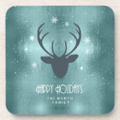 Deer Antlers Silhouette & Snowflakes Blauwgroen ID Bier Onderzetter (Voorkant)