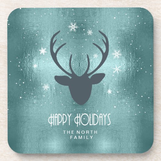 Deer Antlers Silhouette & Snowflakes Blauwgroen ID Bier Onderzetter (Voorkant)