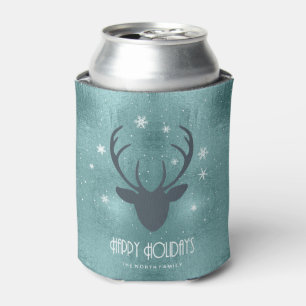 Deer Antlers Silhouette & Snowflakes Blauwgroen ID Blikjeskoeler