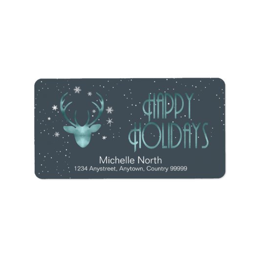 Deer Antlers Silhouette & Snowflakes Blauwgroen ID Etiket (Voorkant)