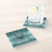 Deer Antlers Silhouette & Snowflakes Blauwgroen ID Glazen Onderzetter (Schuin)