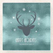 Deer Antlers Silhouette & Snowflakes Blauwgroen ID Glazen Onderzetter (Voorkant)