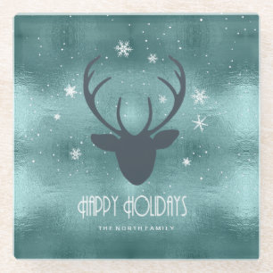 Deer Antlers Silhouette & Snowflakes Blauwgroen ID Glazen Onderzetter
