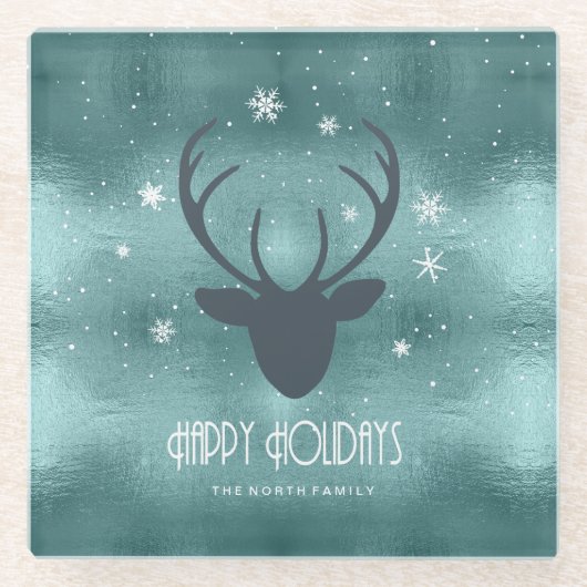 Deer Antlers Silhouette & Snowflakes Blauwgroen ID Glazen Onderzetter (Voorkant)