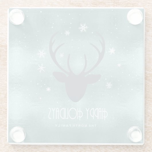 Deer Antlers Silhouette & Snowflakes Blauwgroen ID Glazen Onderzetter (Achterkant)