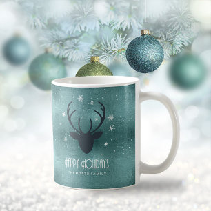Deer Antlers Silhouette & Snowflakes Blauwgroen ID Koffiemok