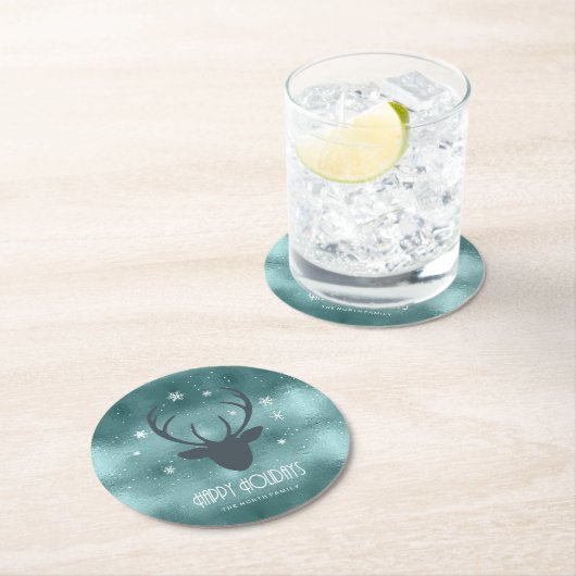 Deer Antlers Silhouette & Snowflakes Blauwgroen ID Ronde Kartonnen Onderzetter (Insitu)