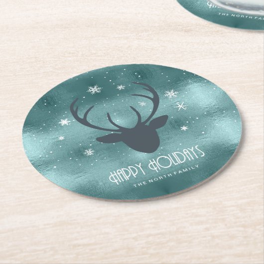 Deer Antlers Silhouette & Snowflakes Blauwgroen ID Ronde Kartonnen Onderzetter (Gebogen)