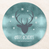 Deer Antlers Silhouette & Snowflakes Blauwgroen ID Ronde Kartonnen Onderzetter (Voorkant)