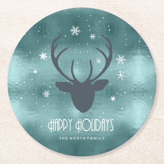 Deer Antlers Silhouette & Snowflakes Blauwgroen ID Ronde Kartonnen Onderzetter (Voorkant)