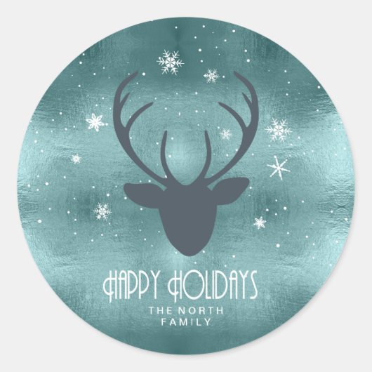 Deer Antlers Silhouette & Snowflakes Blauwgroen ID Ronde Sticker (Voorkant)