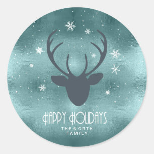 Deer Antlers Silhouette & Snowflakes Blauwgroen ID Ronde Sticker