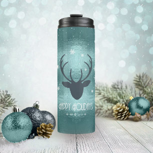 Deer Antlers Silhouette & Snowflakes Blauwgroen ID Thermosbeker