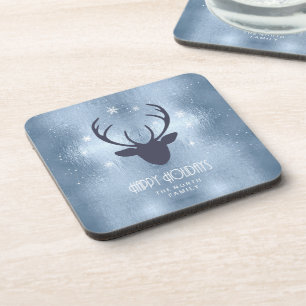 Deer Antlers Silhouette & Snowflakes Blue ID861 Bier Onderzetter