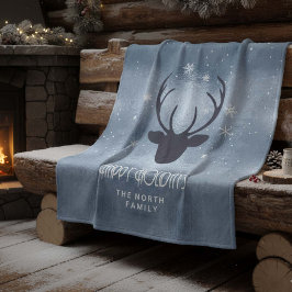 Deer Antlers Silhouette & Snowflakes Blue ID861 Fleece Deken