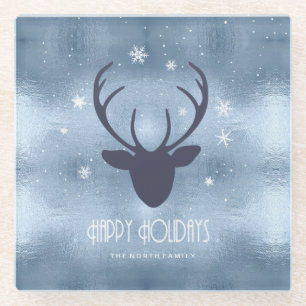 Deer Antlers Silhouette & Snowflakes Blue ID861 Glazen Onderzetter