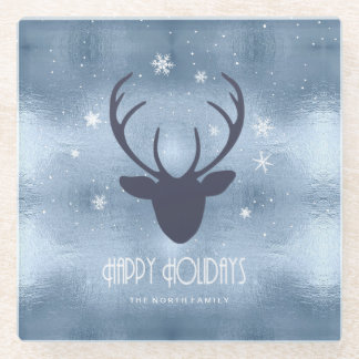 Deer Antlers Silhouette & Snowflakes Blue ID861 Glazen Onderzetter