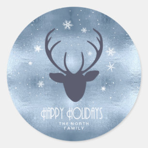 Deer Antlers Silhouette & Snowflakes Blue ID861 Ronde Sticker