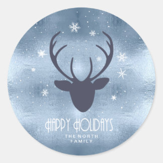 Deer Antlers Silhouette & Snowflakes Blue ID861 Ronde Sticker