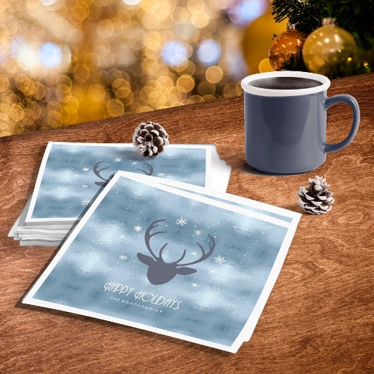 Deer Antlers Silhouette & Snowflakes Blue ID861 Servet