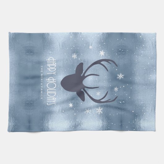 Deer Antlers Silhouette & Snowflakes Blue ID861 Theedoek (Horizontaal)